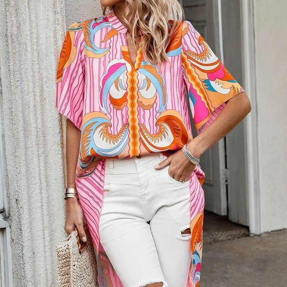 Multicolor Boho Womens Notched Neckline Butterfly Sleeve High Low Hem Blouse - Picture 4 of 5